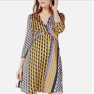 NWT Bar III Gold Black Geo Twist Front Knot Empire Waist Satin Dress Size Medium